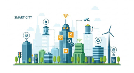 Obraz premium Smart cityscape with sustainable architecture and technology integration featuring wind turbine and eco friendly buildings