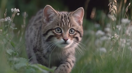 Alert wildcat cub with striking green eyes peeking through lush grass in natural habitat