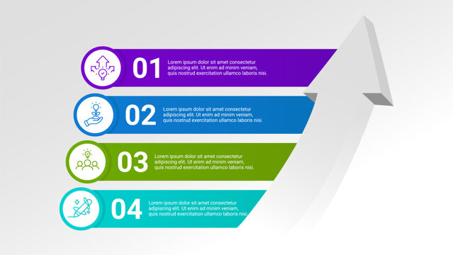 Modern business growth and success infographic template. Features a large 3D upward-pointing arrow and 4 colorful horizontal banners with numbers, outline icons, and text placeholders. Ideal for prese