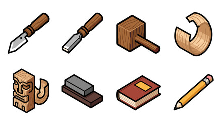 A collection of woodworking tools including chisels, a knife, and a pencil in colorful cartoon vector style, ideal for art and design projects