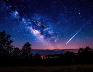 Night sky filled with stars and the Milky Way galaxy over a landscape with silhouettes of trees and distant city lights in the background