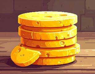 Stack of yellow, round, holed food sits on wood.  Digital art