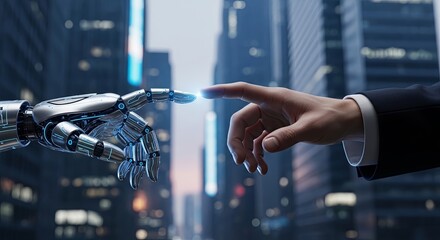 Human hand reaches out to touch a robotic hand in a futuristic city setting, symbolizing the integration of artificial intelligence and humanity's technological future.