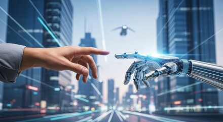 Human and robot hands connect amidst a futuristic city, representing the symbiotic relationship between advanced technology and human evolution in a digital age.