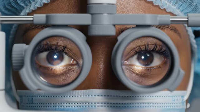 A skilled optometrist conducts a meticulous eye examination, using advanced equipment to assess vision clarity. The close-up reveals vibrant eyes reflecting the brilliance of modern optics.