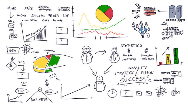 Hand Drawn Business Strategy Doodles with Charts, Graphs and Marketing Icons Isolated PNG