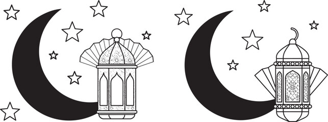 Naklejka premium Ramadan Kareem, crescent moon and star icons with traditional Islamic lanterns, black and white outline illustration