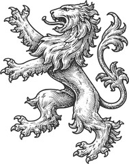 Vintage Engraved Heraldic Lion Rampant – Medieval Coat of Arms Woodcut Illustration © Stefanina