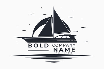 Silhouette sails on a vintage ship sailing atop ocean waves for simple nautical emblem © Sonda