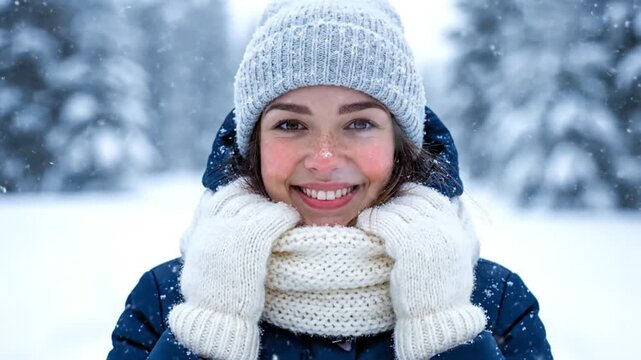 Ultra realistic cinematic video of a young adult wearing a thick winter jacket standing outdoors during cold winter season soft snowflakes falling gently around visible cold breath in the air the pers