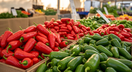 Close up view of fresh red and green peppers displayed in wooden crates at an outdoor market