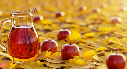 Apple cider jug in fallen leaves symbolizing autumn harvest and cozy seasonal tradition