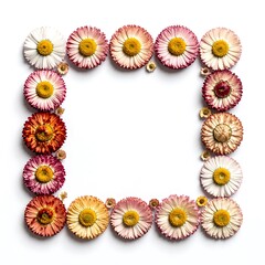 Square frame made of colorful daisy-like flowers, variety of shades. Isolated on a white background