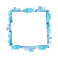 Square watercolor frame made of blue cloud shapes with soft textures on a white background, suitable for decorative and design purposes in various creative projects