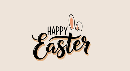 A decorative Happy Easter text with bunny ears in modern calligraphy style, perfect for greeting cards and seasonal decorations