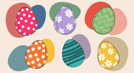 A collection of six colorful decorated eggs with various patterns in a flat modern vector style, perfect for Easter-themed designs