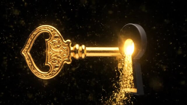 Golden key inserts into keyhole illuminated concept for opportunity