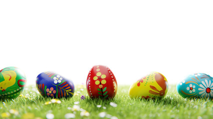 Colorful decorated easter eggs rolling in a sunny green meadow. Endless loop