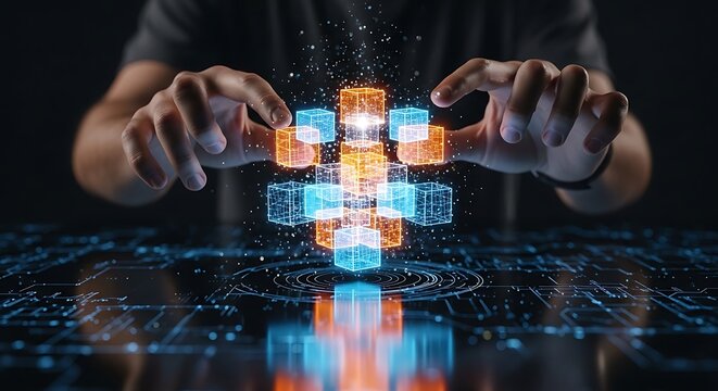 Hands building glowing data network blocks symbolizing blockchain technology and digital connection