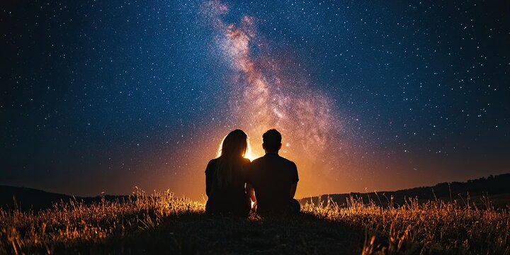Side view of a couple sitting back to back in a meadow near a bright fire, watching the starry sky.