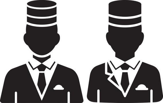Two hotel bellhop or concierge icons, silhouette illustration representing hospitality and service industry