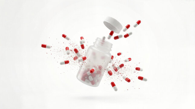 Red and white medical capsules exploding from a bottle. Health care concept. Medicine and treatment prescription. Supplements.