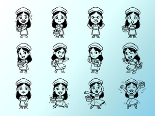 Cute Cartoon Baker Girl Character Set with Various Emotions and Bread Basket