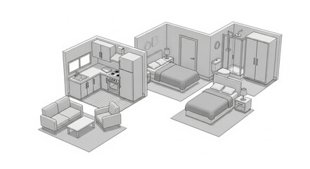 Detailed architectural rendering of a modern apartment layout, showcasing interior design.