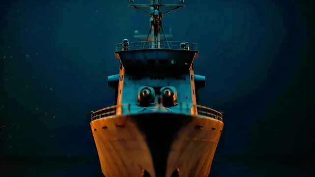 Dramatic Front View of a Modern Navy Warship with Dual Guns on Dark Water