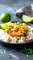 Shrimp and rice on a black plate with lime wedges, herbs, and pepper on a dark table close up