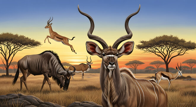 A diverse group of wild antelopes and wildebeest grazing in the savanna at sunset