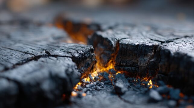 Glowing embers in charred wood close-up: intense heat and texture