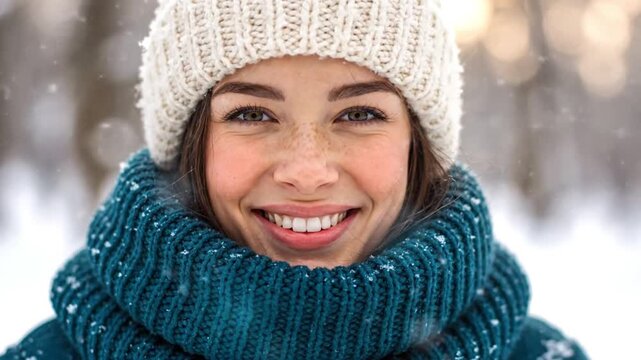Ultra detailed cinematic winter portrait of a young woman wearing heavy winter parka standing outdoors snow gently falling around her visible breath vapor soft genuine smile toward camera knitted scar