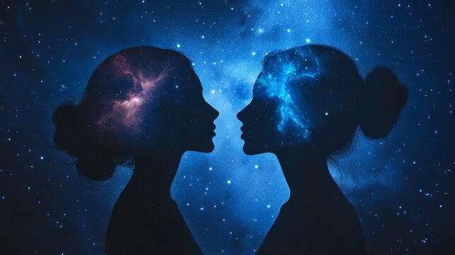 Two mysterious female silhouettes face each other against a starry night sky, with colorful galaxies and constellations glowing within their profiles.
