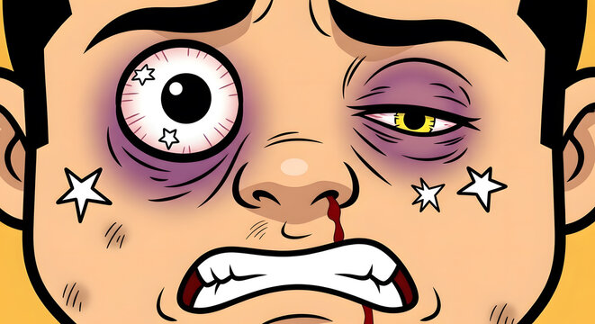Close up of a cartoon face showing a black eye and bruised expression after a fight