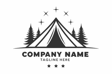 Simple monochrome outline shows a camping tent flanked by pine trees beneath stars © Sonda