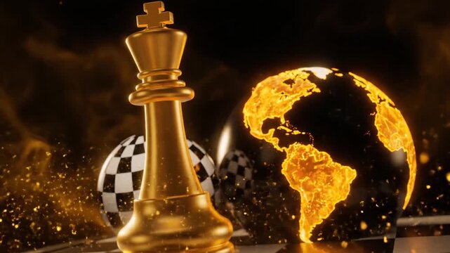 Golden chess king with earth and chessboard concept visual