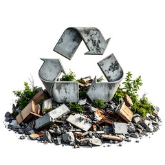Worn recycle symbol atop rubble, surrounded by sparse green plants, against a clean white backdrop