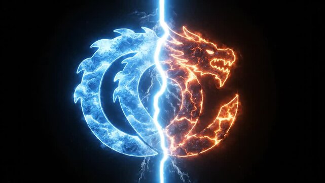 Fiery dragon symbol with blue and orange energy on dark background