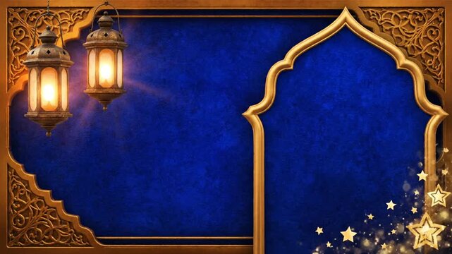 Decorative lanterns with ornamental frames on a blue textured background