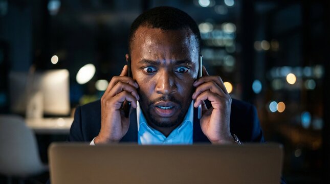 Black man in suit worried while on phone at laptop in office nighttime  