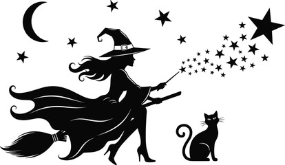 Witch silhouette flying on broom with magic wand, black cat, crescent moon and stars, Halloween fantasy vector illustration isolated on white background © MdAnisur