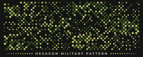 Abstract hexagon camouflage pattern with scattered green and khaki geometric shapes on black background. Modern military digital texture. © DenKolt