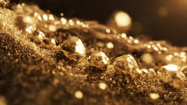 Close-up of sparkling golden nuggets and glitter scattered on a dark, textured, precious surface.
