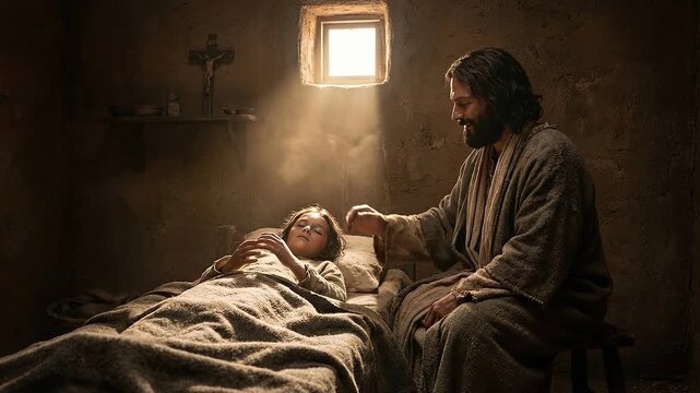 Jesus praying over sick child in dimly lit room