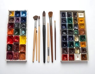 Two paint palettes with many colors are placed between brushes on a white surface in a high-angle shot