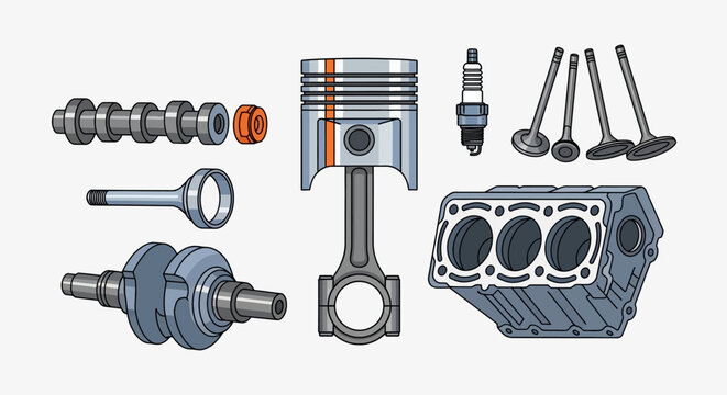 Detailed illustration of car engine components: piston, cylinder block, crankshaft, camshaft, spark plug, valves. Automotive engineering and repair.