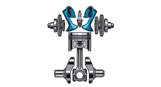 Disassembled internal combustion engine parts illustration. Automotive mechanical components including piston, crankshaft, spark plugs, valves.