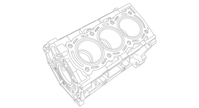 Technical illustration of a three-cylinder engine block outline. 3D rendering of an automotive internal combustion engine component.