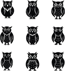 Owl silhouette vector set featuring nine black bird illustrations isolated on gray background for logo design, tattoo inspiration, wildlife themes, and decorative graphic projects